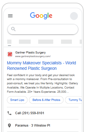 Example Google search ad for a medical practice — plastic surgery results page